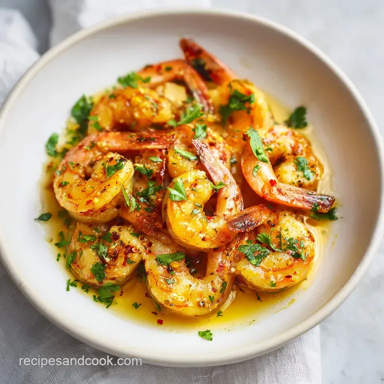 Perfectly plated shrimp scampi, glistening with butter, alongside al dente pasta and a sprinkle of vibrant green parsley.