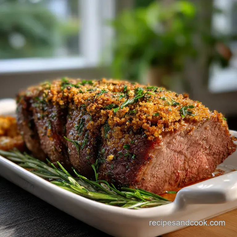 Plated, sliced sirloin tip roast with herbs, beside roasted garlic cloves, glistening with savory juices, and a sprig of r...