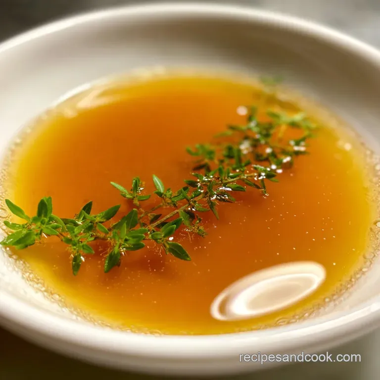 Golden bone broth served in a delicate porcelain cup, garnished with vibrant green parsley. Warm, inviting, and deeply nou...