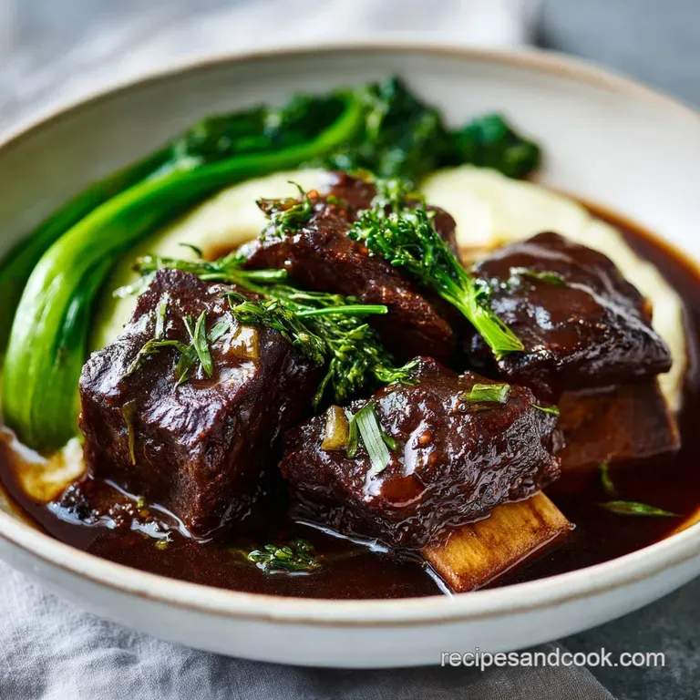 A single, beautifully plated short rib with glossy sauce, atop smooth mashed potatoes and vibrant green garnish. Restauran...