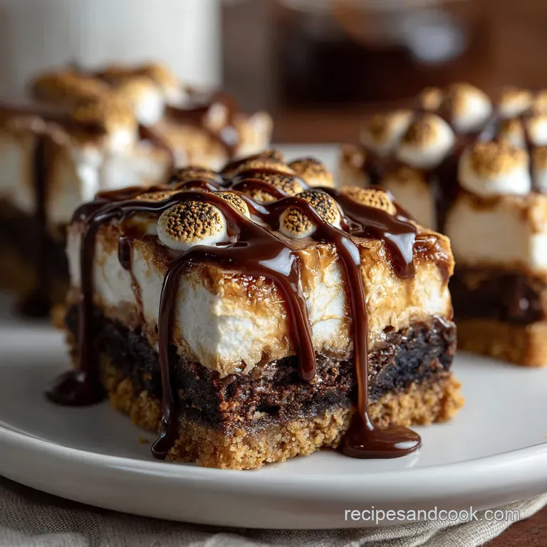 S'mores brownie bar squares, oozing with marshmallow, artfully arranged on a rustic wooden board. A delightful, tempting t...