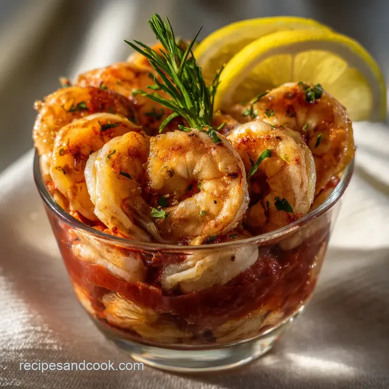 Elegant arrangement of chilled shrimp with a creamy sauce in stemmed glasses, garnished with a sprig of fresh parsley, and...