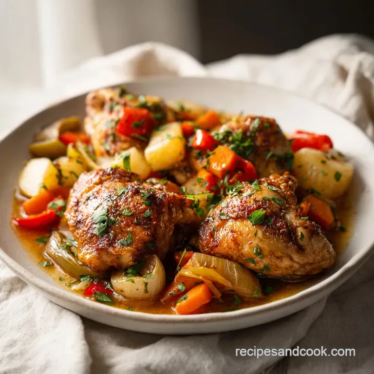 Glossy Creole chicken thigh on a white plate, sauce drizzled artfully. Fresh parsley sprig adds a bright pop of green.