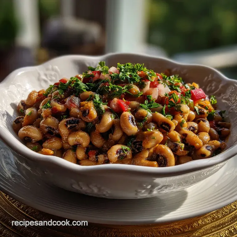 Creamy, rich black-eyed peas served in a shallow bowl. Vibrant greens of chopped herbs against the deep brown, inviting ar...
