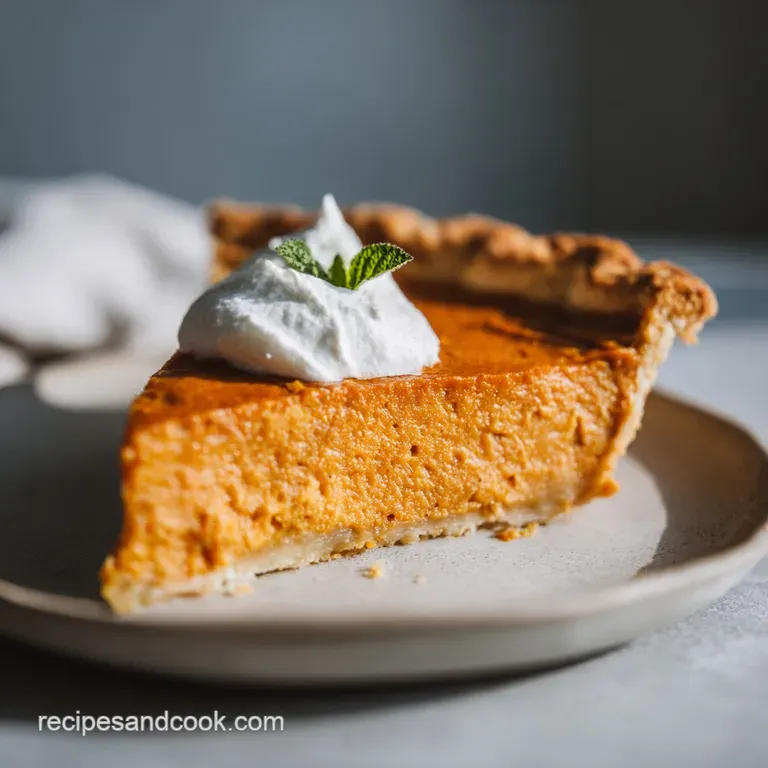 A slice of creamy sweet potato pie sits elegantly on a white plate, adorned with a dollop of whipped cream.