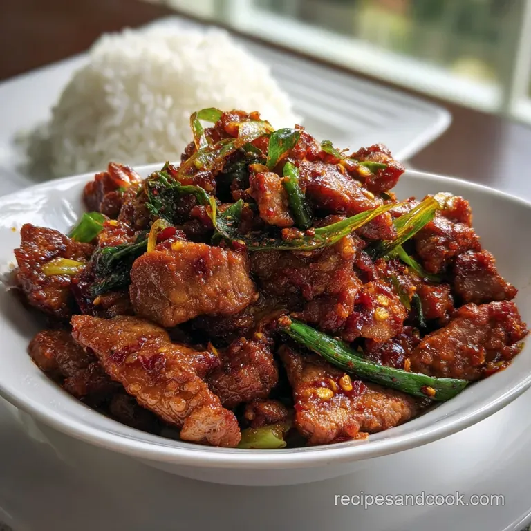 Artfully arranged spicy Korean BBQ on a minimalist white plate. Tender pork, glistening sauce, and fresh green onions crea...