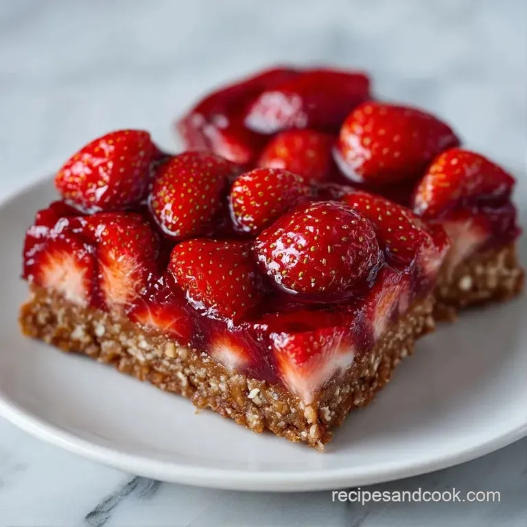 Neatly cut square citrus bars on a white ceramic plate, topped with fresh strawberry slices and mint leaves.