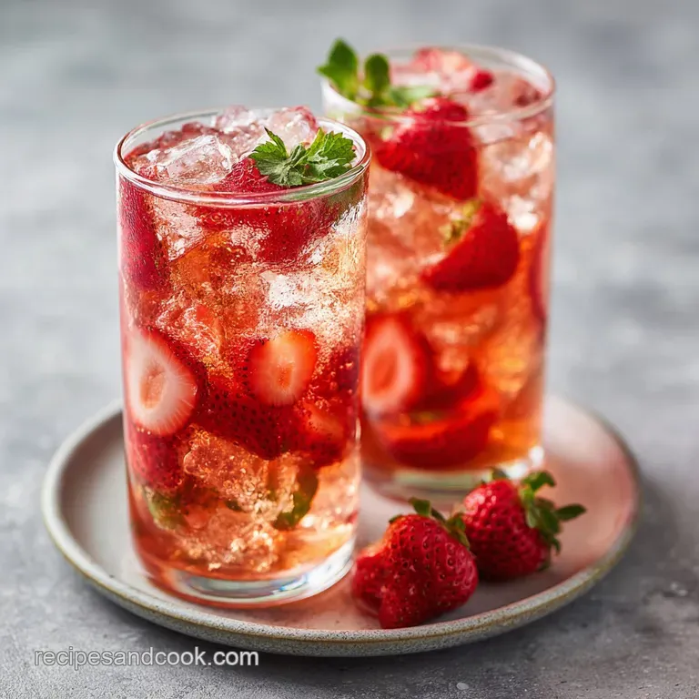A tall glass filled with bright red strawberry tea, ice, and a garnish of lemon and mint.