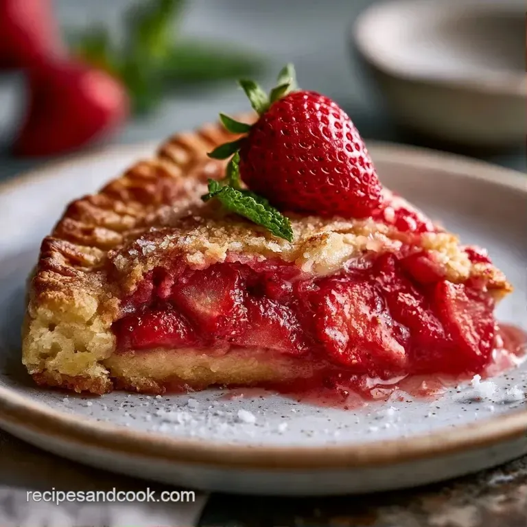 A slice of fruit tart with buttery pastry and bright red berries, served with a dollop of whipped cream on white.