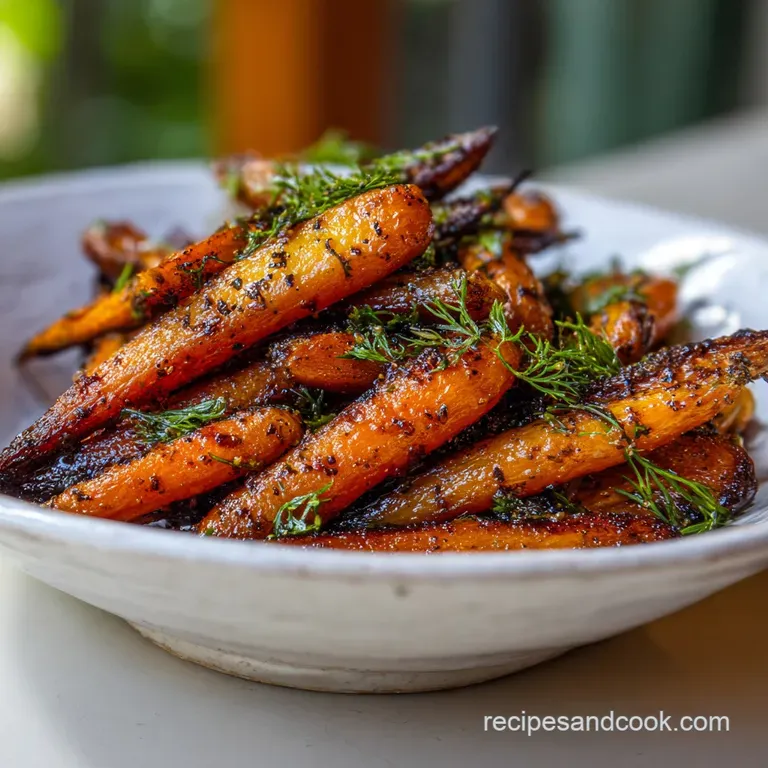 Elegant plate of glistening sweet roasted carrots, vibrant against the stark white, topped with flaky sea salt and verdant...