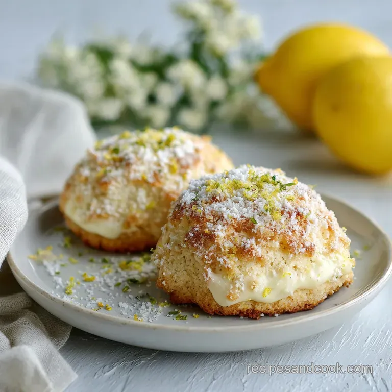 A stack of golden lemon cookies, dusted with powdered sugar, artfully arranged on a white plate.