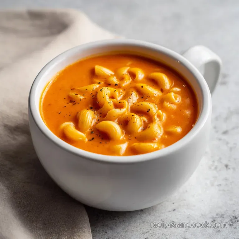 Elegant bowl of tomato soup mac and cheese, garnished with fresh basil and a drizzle of cream. Cheesy, saucy perfection.