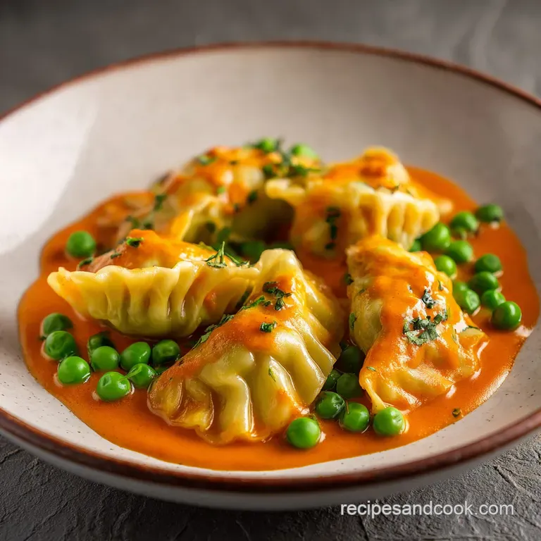 Elegant white skillet of golden dumplings nestled in a creamy coconut sauce, accented with bright green scallions.