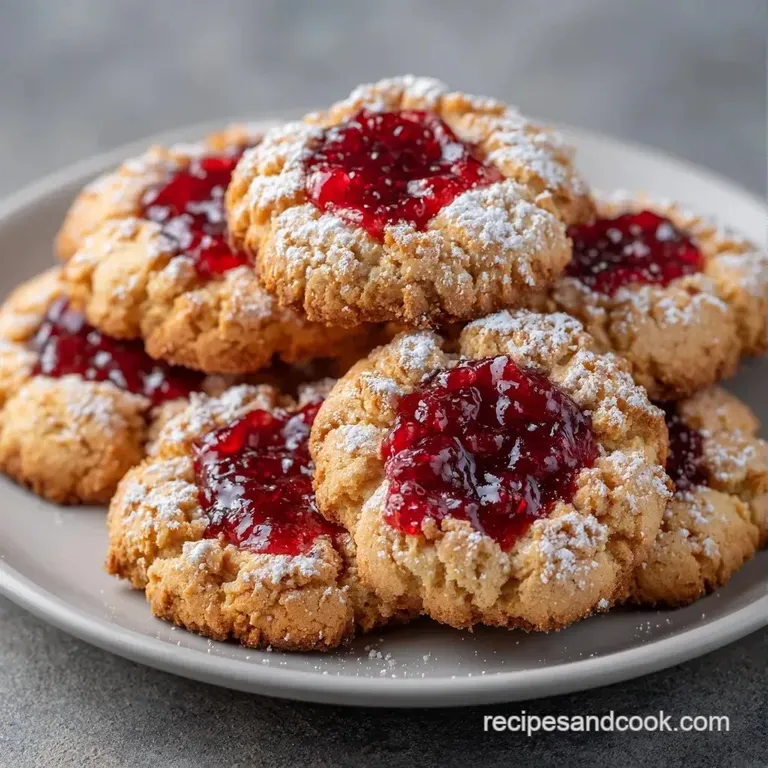 Three golden cookies with red jam centers artfully arranged on a white porcelain platter with a sprig of mint.