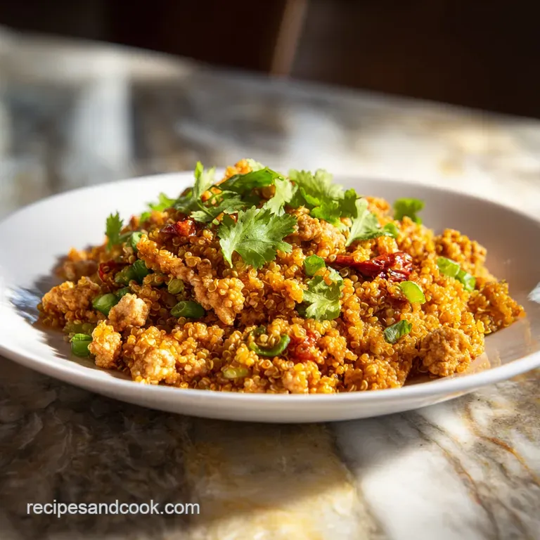 Elegant portion of turkey quinoa skillet. Fluffy quinoa, vibrant vegetables, and tender turkey create an appealing dish.