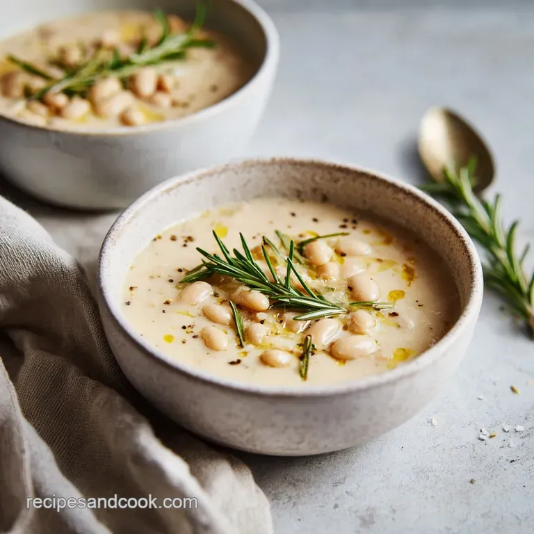 A rustic white bowl brimming with creamy white bean soup, topped with fresh rosemary sprigs.