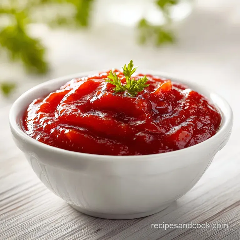 Glossy, deep red ketchup dolloped next to golden fries. Steam rising, creating inviting aroma. Fresh parsley garnish.