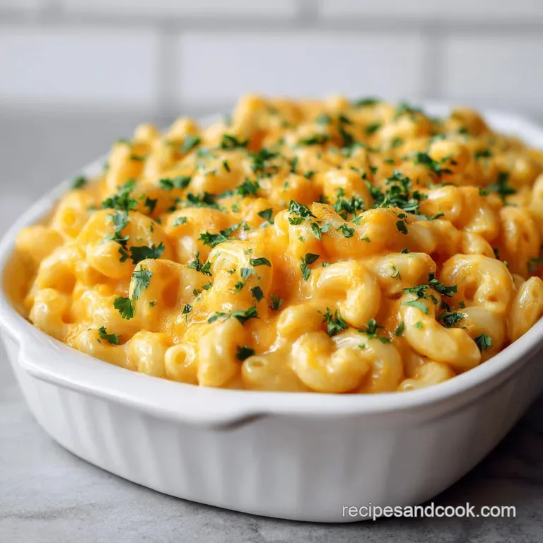 Creamy mac and cheese in a white bowl, garnished with parsley. Melty cheddar oozes over the side, promising cheesy flavor.