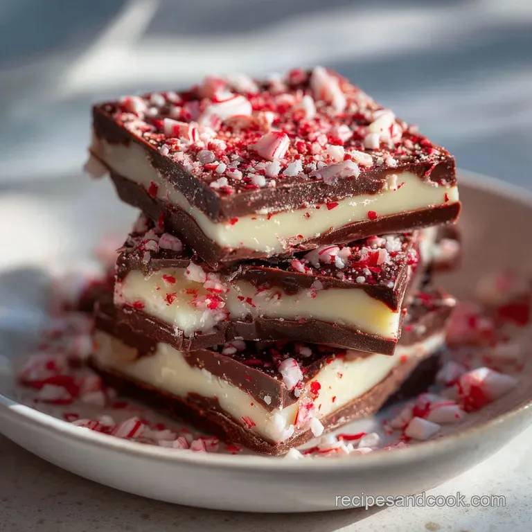 A neat pile of chocolate and mint shards arranged on a white marble platter with scattered peppermint candy pieces.