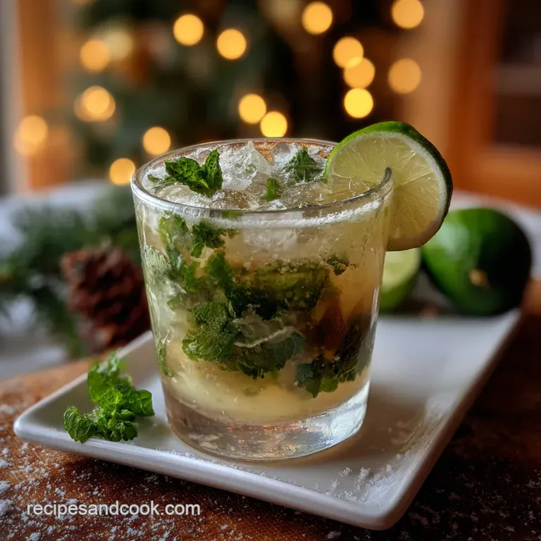 Elegant white cocktail in a chilled glass, garnished with a sprig of mint and sugared cranberries against a dark background.